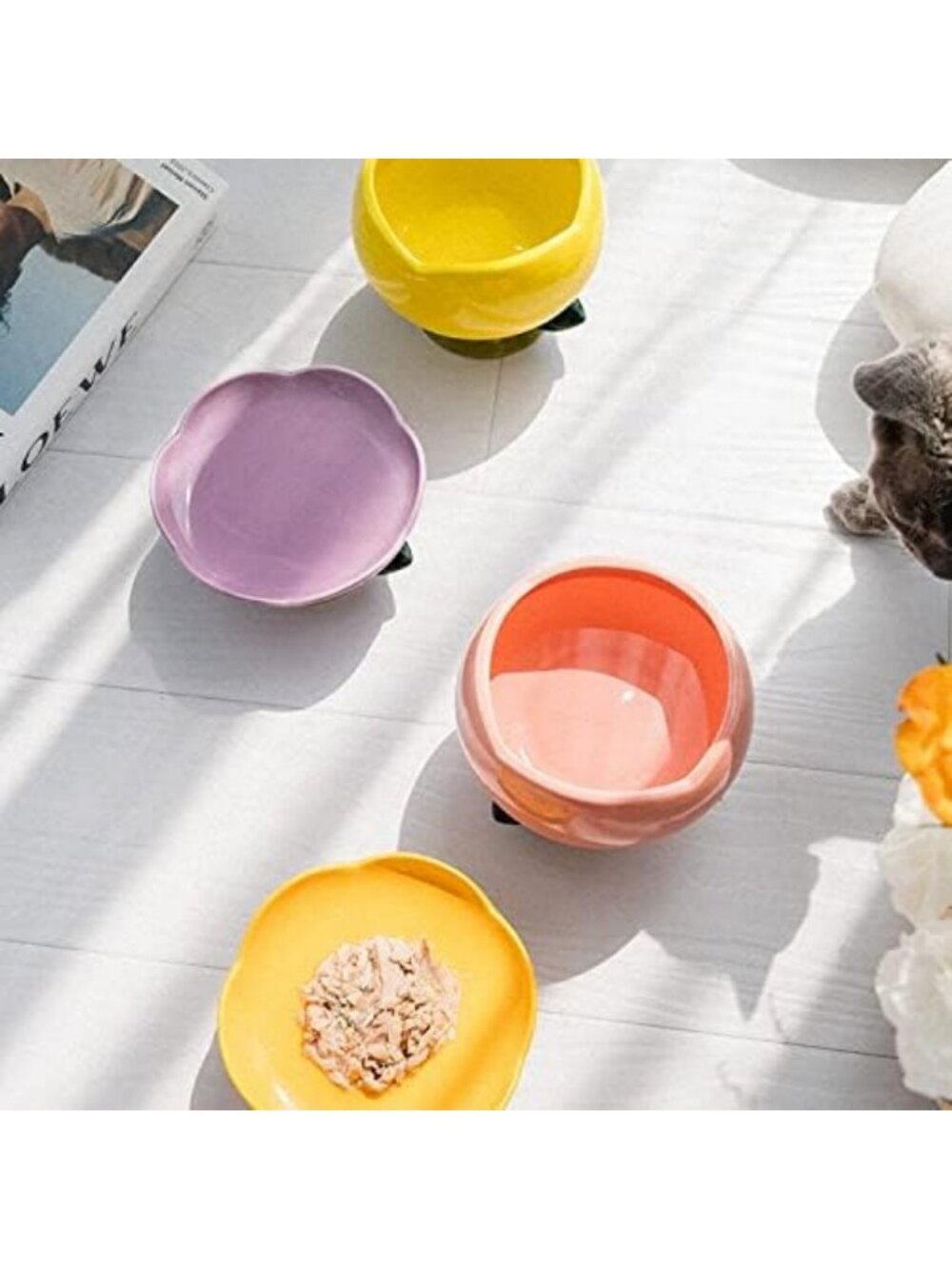 Elevated Ceramic Cat Bowls for Whisker & Spine Comfort - Flower Design, Purple - Picture 7 of 7